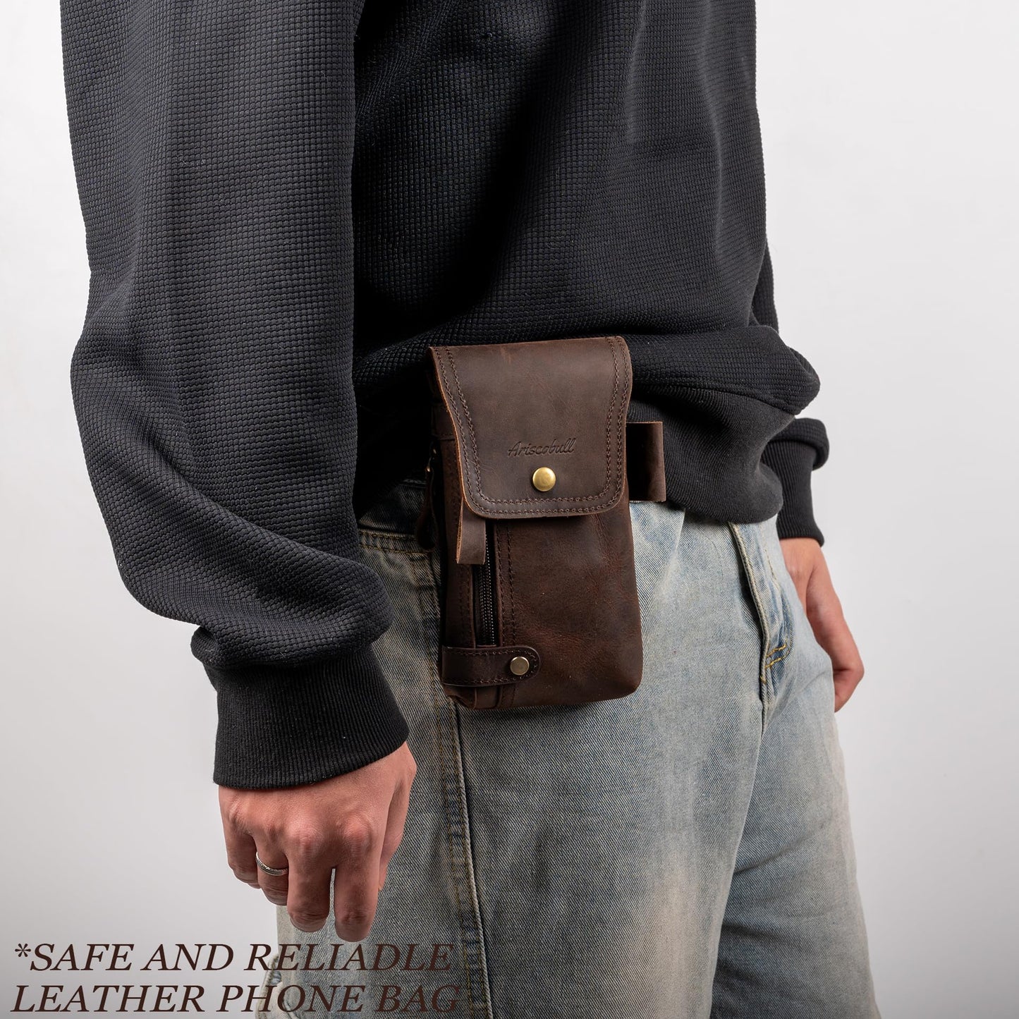 Ariscobull - Leather Phone Holster - Genuine Full-Grain Buffalo Leather Cell Phone Holsters - for iPhone 16, 15, 14, 13pro, Galaxy S24, S23, S22-7”H X 3.5" W (Dark Browm)