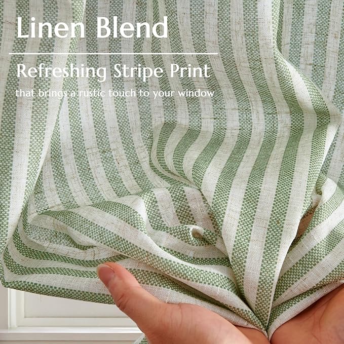 jinchan Striped Linen Kitchen Curtains 45 Inches Length Tier Curtains Farmhouse Modern Cafe Style Small Window Treatments Airy Light Filtering Rod Pocket for Living Room Bathroom 2 Panels Sage Green