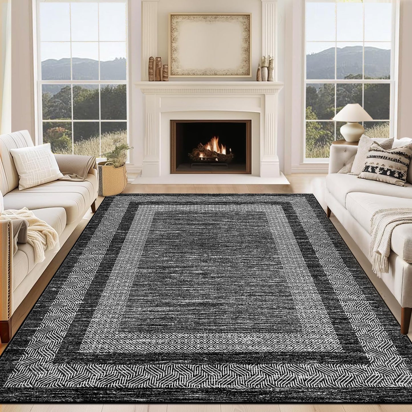 GarveeHome Area Rug 8x10 Modern Geometric Living Room Rug Non Slip, Thin Washable Carpet, Soft Non Shedding Foldable Floor Covering, Low Pile Thin Printed Mats for Bedroom Office, Black