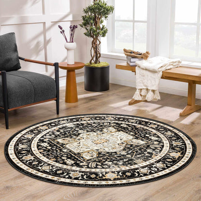 MUJOO Round Rug 5ft,Black Circle Area Rug Washable,Boho Circular Rugs for Bedroom Living Room,Non Slip Throw Carpet Soft Vintage Black and Gold Floral
