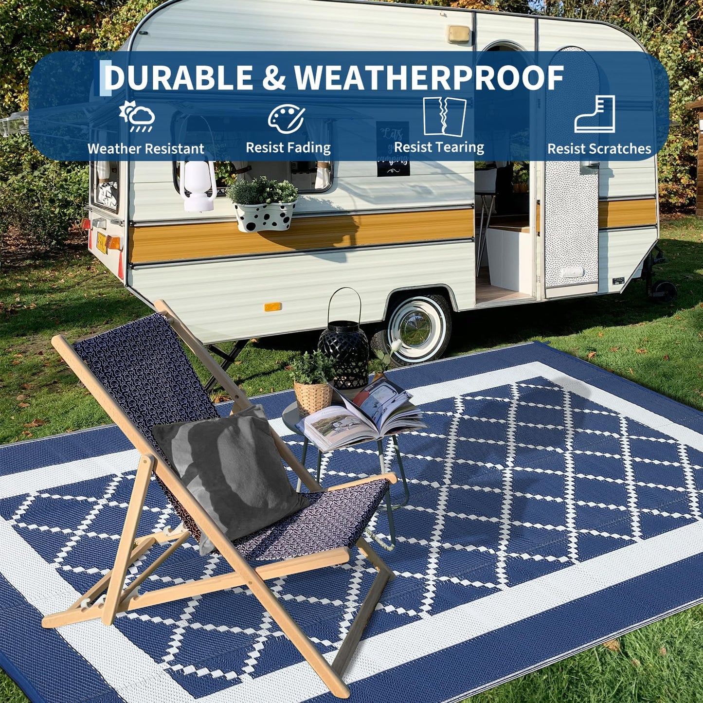 GAOMON Outdoor Rug 8x10 Patio Waterproof Reversible Plastic Straw Rug, Large UV-Resistant Portable RV Camping Mats with 4 Stakes & Carry Bag Boho Geometric Carpet for Outside Deck Porch Garden, Navy