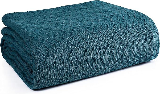 BELIZZI HOME 100% Cotton Bed Blanket, Breathable Thermal Blanket King Size, Soft Chevron Thermal Blanket 90''x102'', Cotton Bed Blanket, Perfect for Layering Any Bed for All Season, Teal