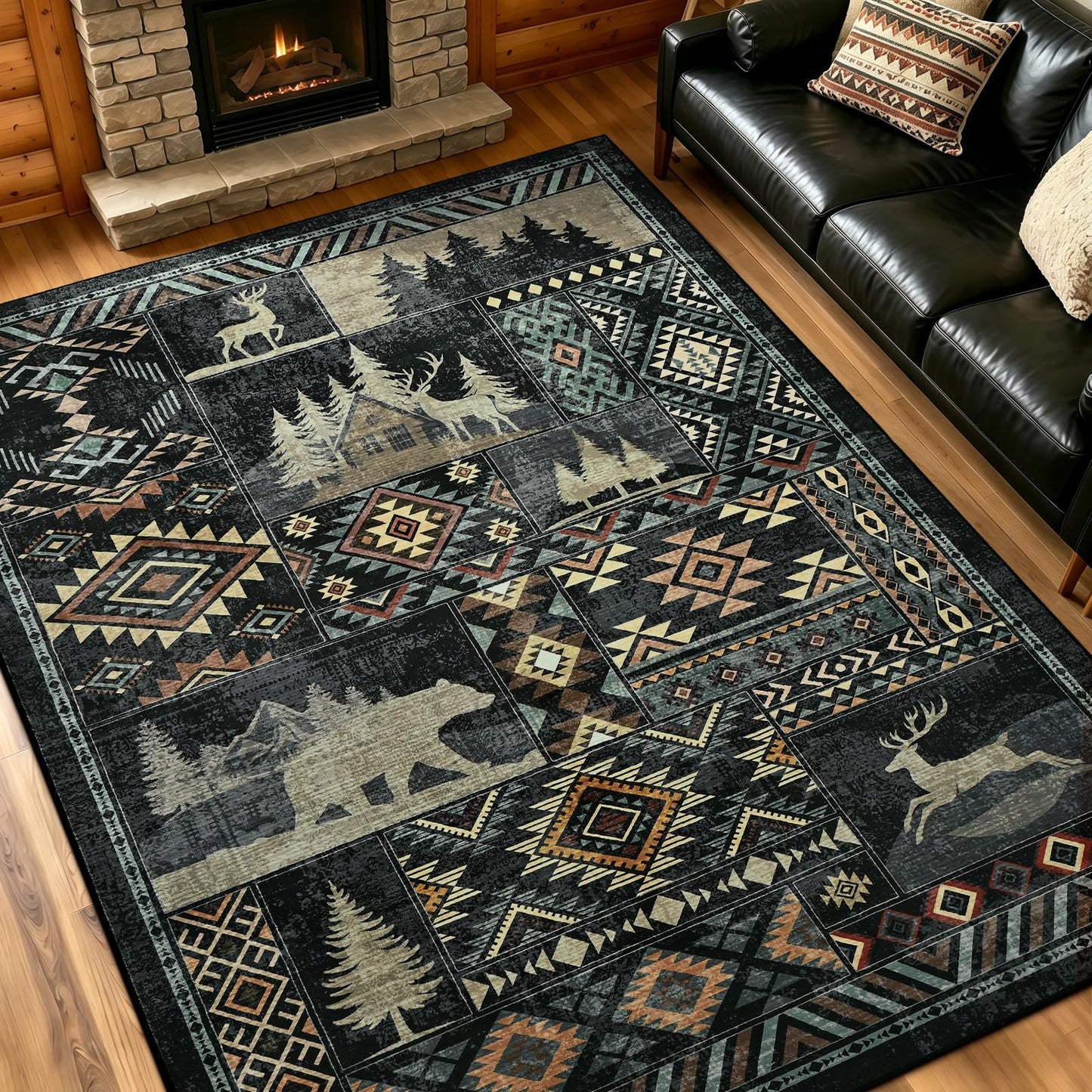 HOMORE Rustic Cabin Living Room Rug 5x7, Washable Southwestern Area Rug Geometric Carpet with Bear Print, Western Rugs for Bedroom Dining Room,Black