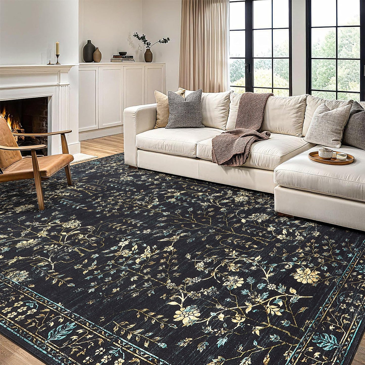 Garvee 9x12 Area Rug for Living Room, Vintage Retro Boho Rug, Washable Non Slip & Low Pile Carpet for Living Room, Bedroom, Dining Room, Black