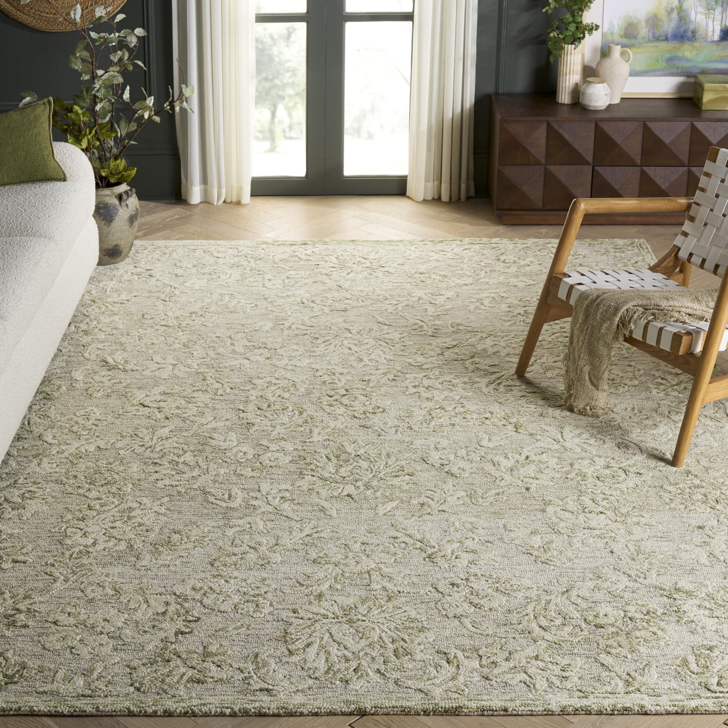 SAFAVIEH Area Rug 8x10 - Blossom Collection - Large - Sage & Ivory, Handmade Wool, Ideal for Living Room, Bedroom, Dining Space (BLM411W)