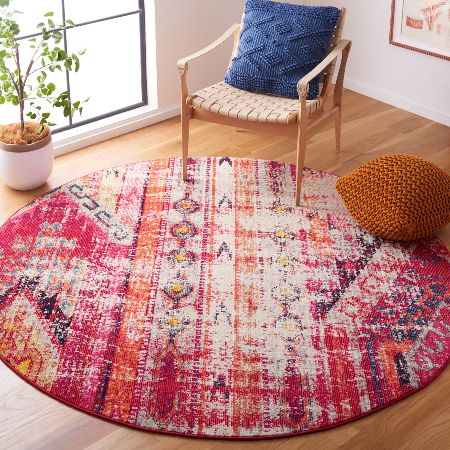 SAFAVIEH Monaco Collection Area Rug - 6'7" Round, Magenta & Multi, Boho Chic Tribal Distressed Design, Non-Shedding & Easy Care, Ideal for High Traffic Areas in Living Room, Bedroom (MNC222D)