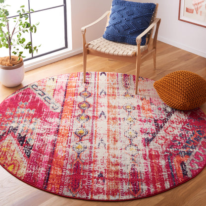 SAFAVIEH Monaco Collection Area Rug - 6'7" Round, Magenta & Multi, Boho Chic Tribal Distressed Design, Non-Shedding & Easy Care, Ideal for High Traffic Areas in Living Room, Bedroom (MNC222D)