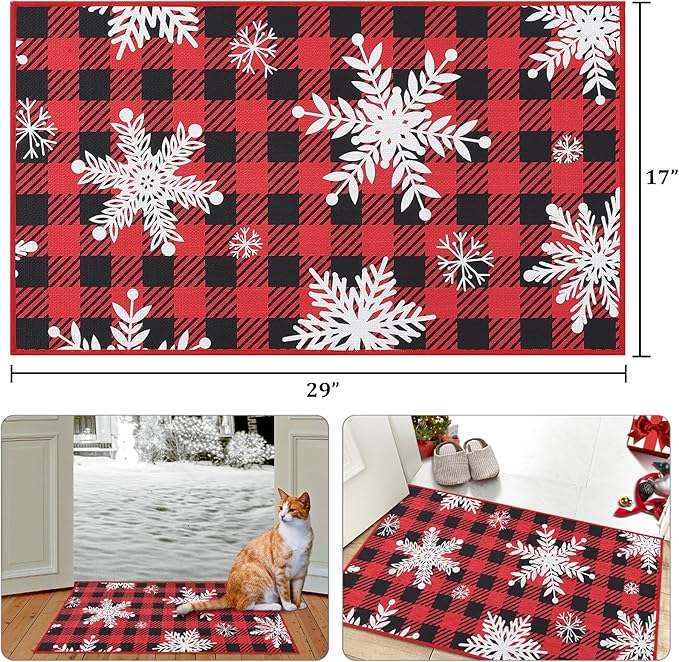 CAROMIO Christmas Doormat Holiday Xmas Buffalo Plaid Door Mat Winter Christmas Snowflakes Checkered Welcome Mat Outdoor Indoor Non Slip Decorative Entrance Floor Mat for Front Porch, 17x29 Inch