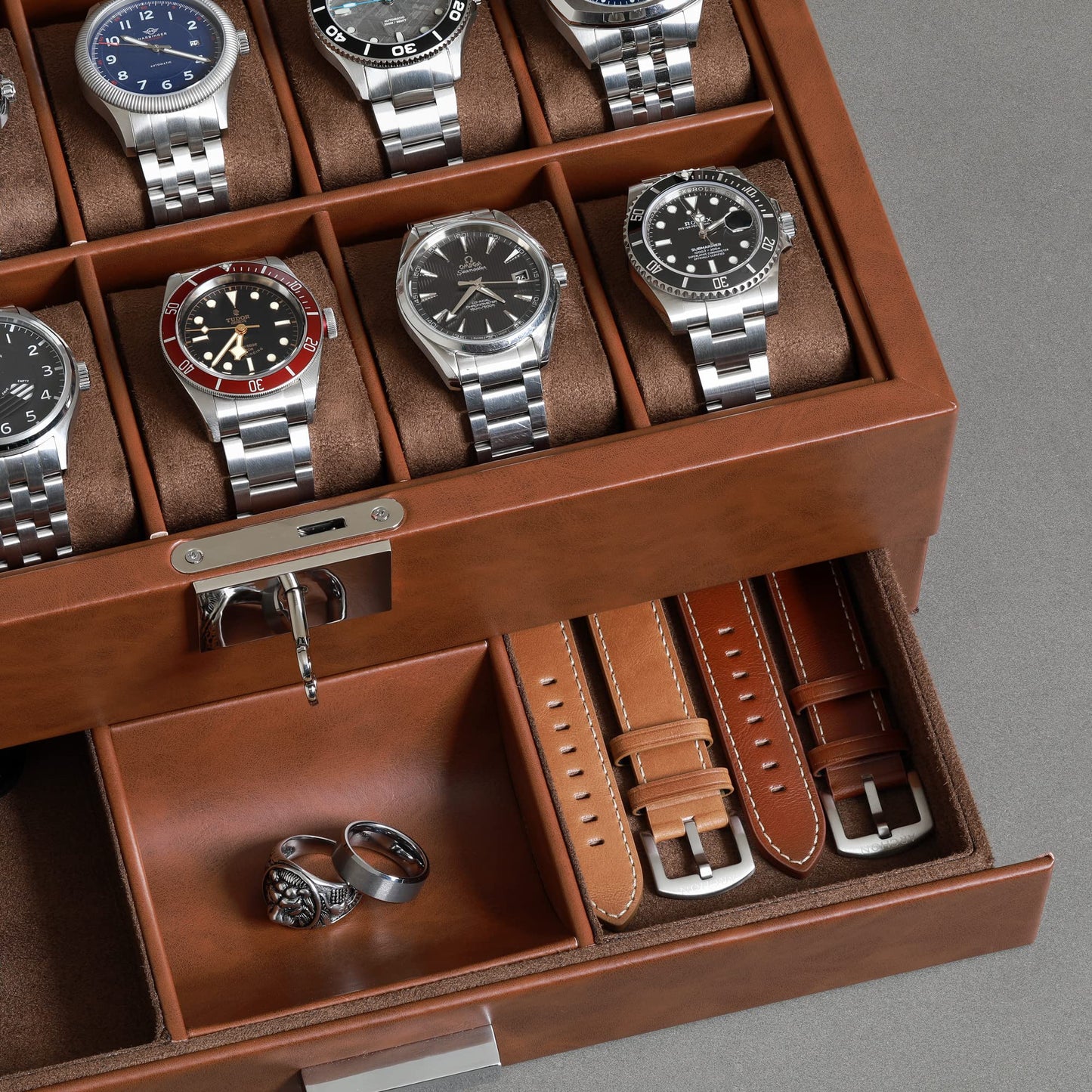 ROTHWELL 10-Slot Watch Box in Leather with Valet Drawer, Luxury Watch Case Display Organizer with Ultra Soft Microsuede Liner, Jewelry and Sunglass Holder With Large Glass top (Tan/Brown)