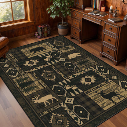Rustic Cabin Living Room Rug 5x7, Washable Upgrade Non-Slip Animal Bear Deer Wildlife Print Pattern Area Rugs Low Pile Ultra-Thin Lodge Hunting Carpet for Bedroom, Dining Room, Office, Walnut Brown