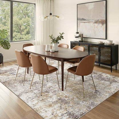 Nakagishi 9X12 Area Rugs for Living Room: Washable Modern Abstract Rug with Non-Slip Silicone Backing Low Pile Soft Carpet for Bedroom & Dining Decor Ideal for Families with Kids and Pets-Brown