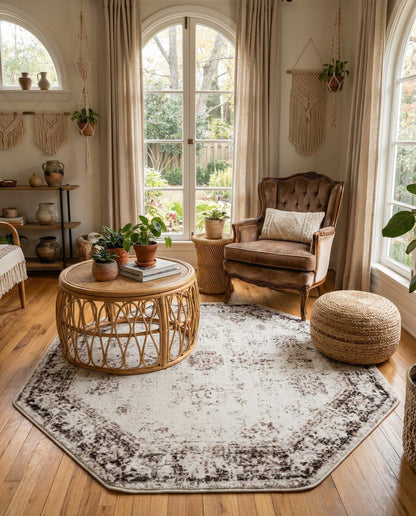 Rugs.com Monte Carlo Collection Rug – 5' Octagon Beige Medium Rug Perfect for Living Rooms, Kitchens, Entryways