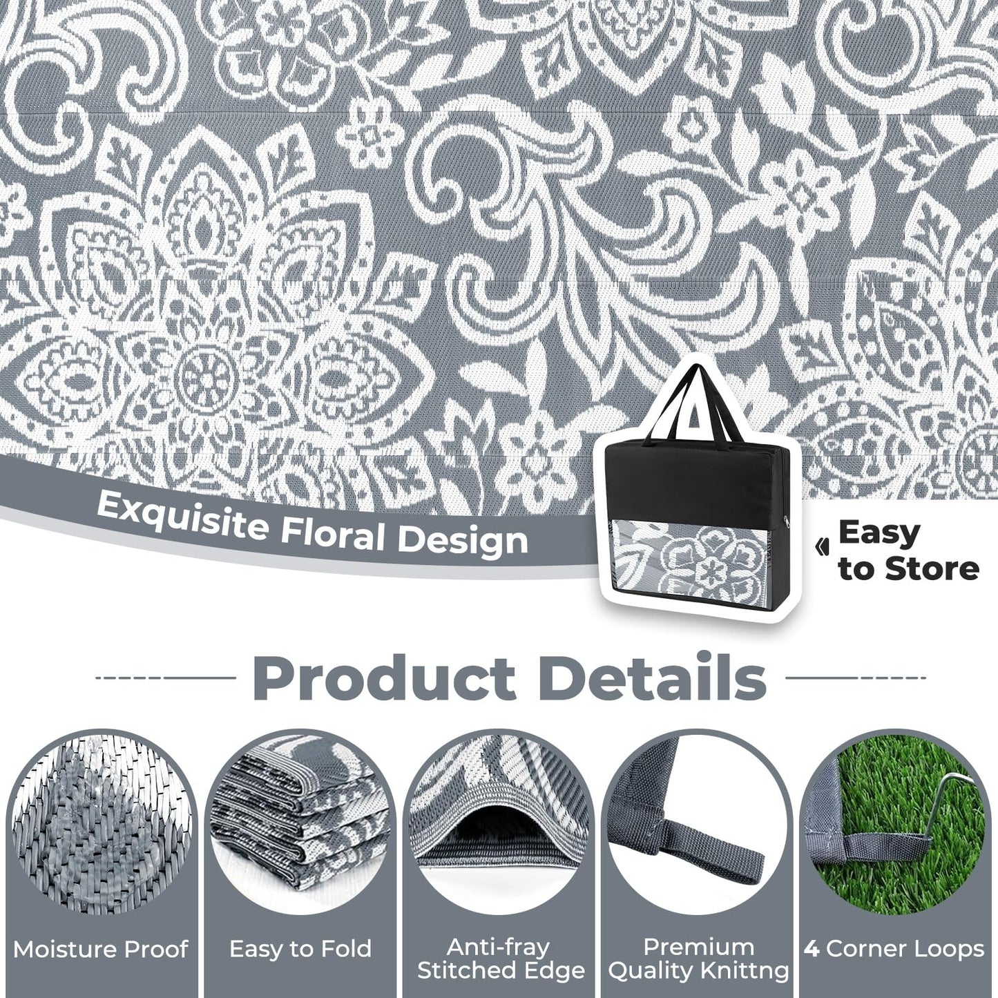 Findosom Waterproof Outdoor Rug 6' x 9' - Reversible Mandala Outdoor Plastic Straw Rug, Durable Foldable Patio Rug for RV, Deck, Balcony, Backyard, Picnic, Porch, Camping, Beach, Gray