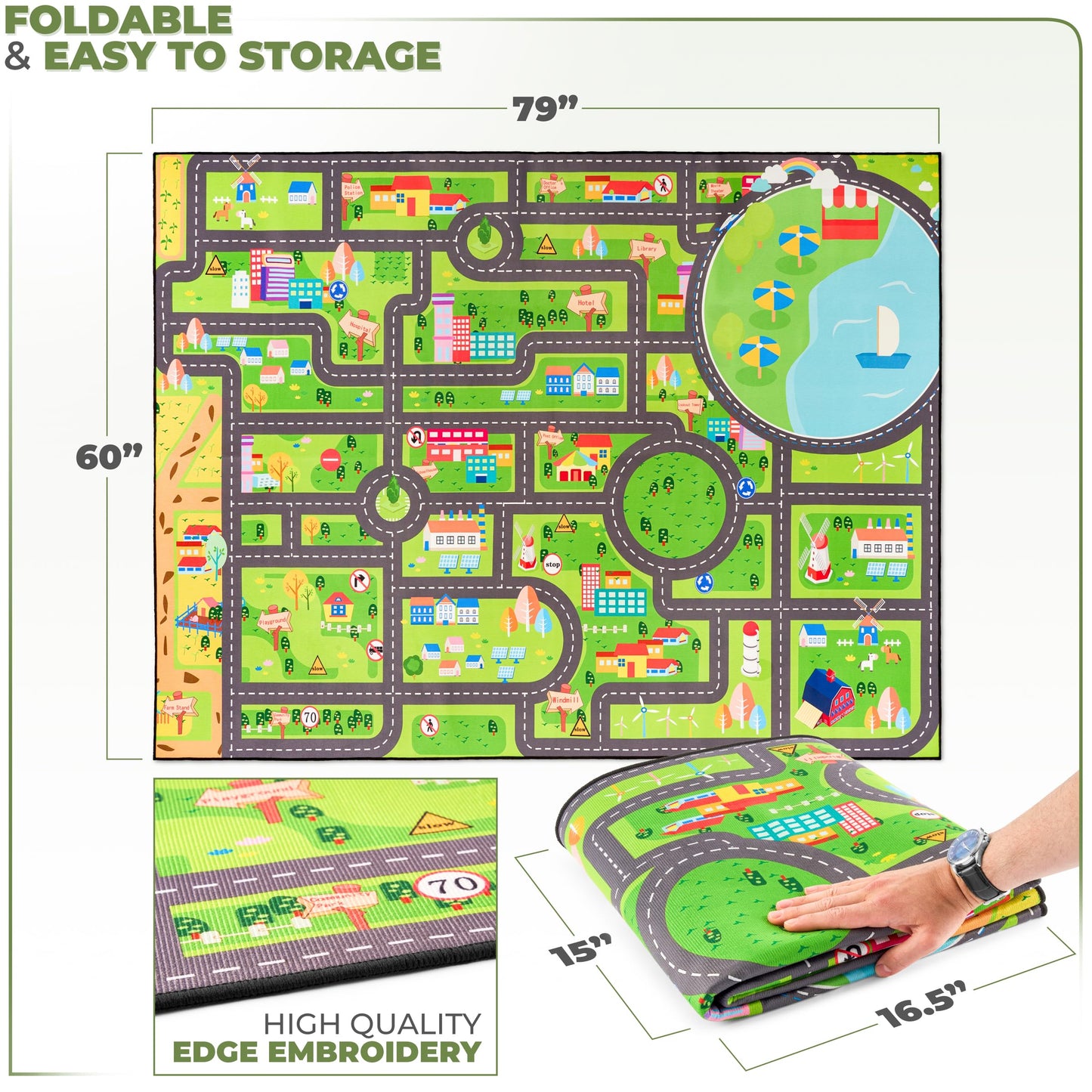 Sorbus Car Mat - City Road Washable Rug for Kids, Car Carpet, Floor Play Mats, Easy to Clean Washable Rugs for Safe and Fun Travel (Extra Large)
