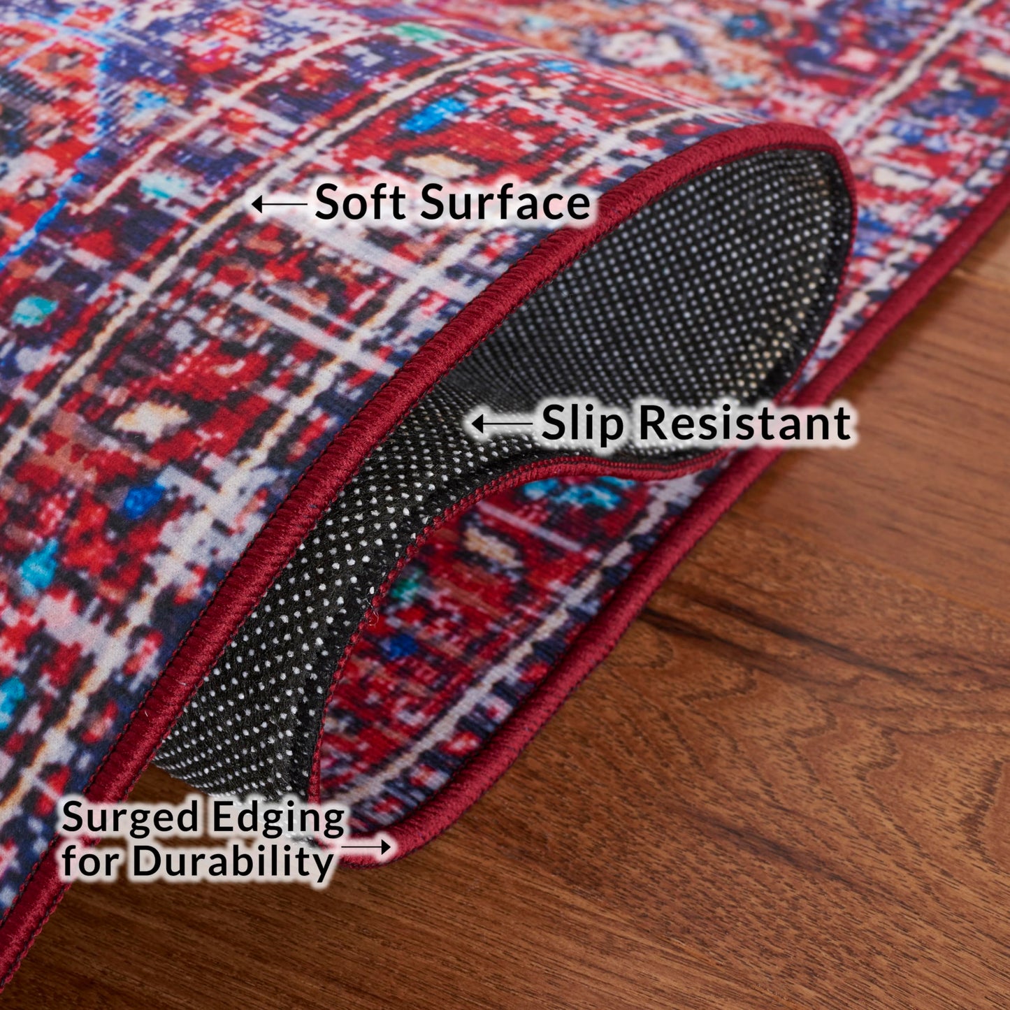 SAFAVIEH Washable Rug Tucson Collection - 4' x 6', Red & Blue, Slip Resistant & Easy to Clean, Ideal for Foyer, Kitchen, Nursery, Office, Bedroom (TSN198Q)