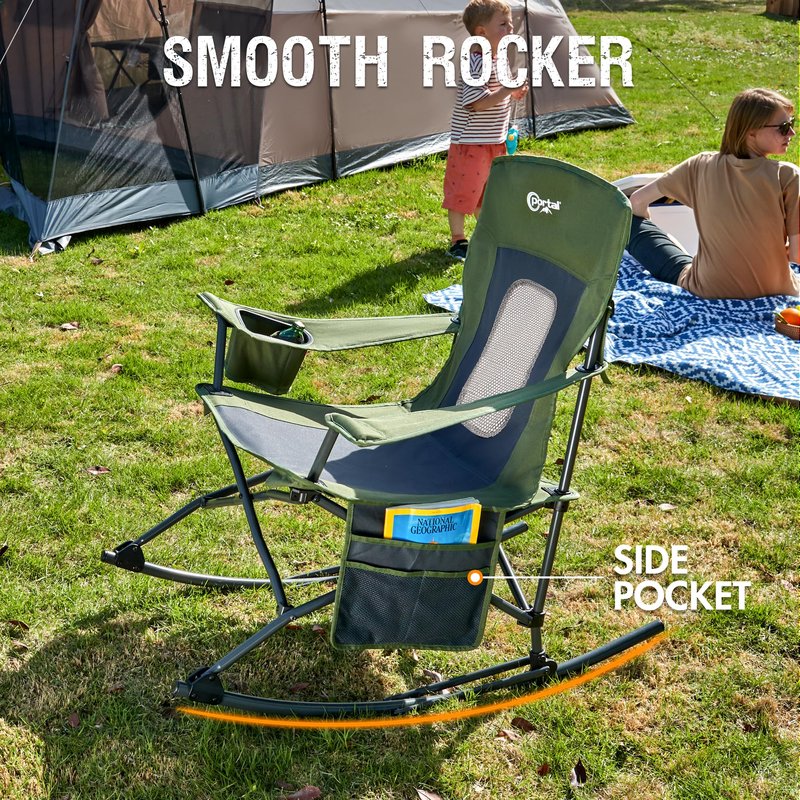 Portal Outdoor Rocking Chair Camping Folding Portable Rocker with Cup Holder Side Pocket Carry Bag, Support 350LBS (Mesh Green)
