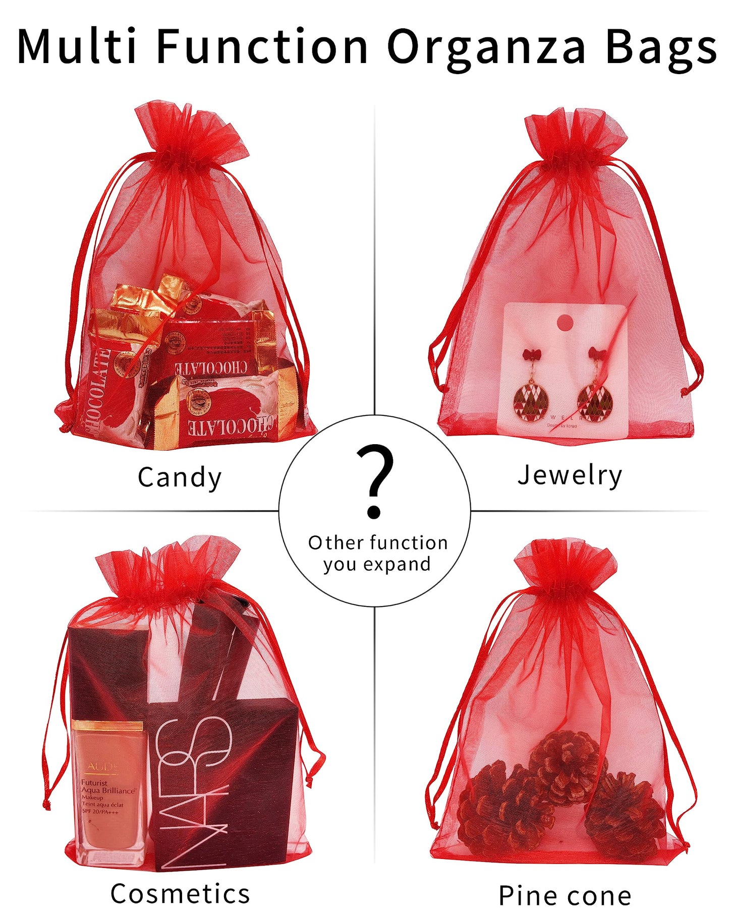 Jexila 100PCS Red Organza Gift Bags 5''X7'' Sheer Mesh Drawstring Pouch for Jewelry Christmas Mother's Day Party Favor Goodie Candy Treat Bags