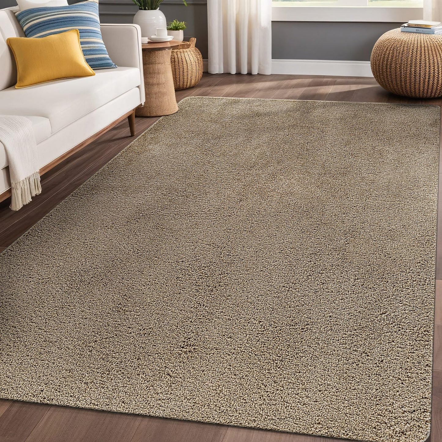 Luul Home Non Slip Solid Area Rug Beige 6x9 Rubber Back Soft Rugs for Living Room Kitchen Bedroom and Hallway Stain Resistant Washable Easy Cleaning Non Shedding Carpet Beige 6 x 9