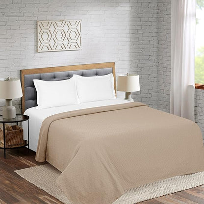 BELIZZI HOME 100% Cotton Bed Blanket, Breathable Thermal Blanket Full - Queen Size, Soft Chevron 90''x90'', Perfect for Layering Any All Season, Beige, Biege, (90''x90'')