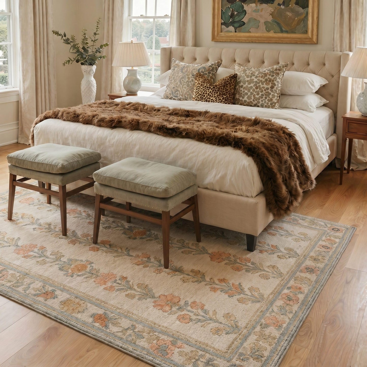 Bavni 8X10 Area Rugs for Living Room Machine Washable, Non Slip Low Pile Soft Modern Botanical Rugs, Floral Vines Carpet for Bedroom Dining Room, Home Office, Warm Beige
