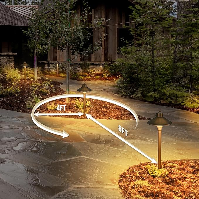 GKOLED Solid Brass Landscape Path Lights (6.7" Shade, 20" Tall), Low Voltage LED 3W 12-24V AC/DC China Hat Path Lighting, 2700K Outdoor Waterproof Walkway Light, with Stake and G4 Bulb, 2 Pack