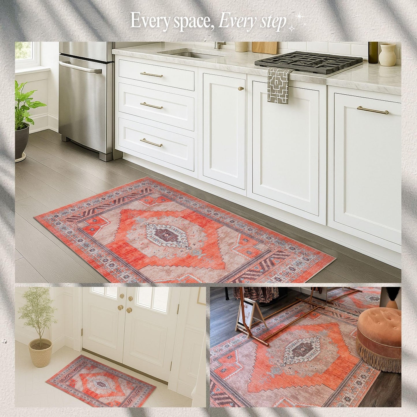 Fame Rugs Turkish Rug. Washable Vintage Oriental Antique Inspired Traditional Doormat Small Modern Area Rugs Luxury Entryway Entry Bedroom Bathroom Kitchen (380TT, 2'5 x 6'9)