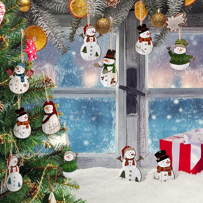 Weysat Snowman Christmas Tree Ornaments Decorations Christmas Tree Wooden Hanging Ornaments Winter Snowman Hanging Ornament with Lanyard for Xmas Holiday Party Favor Supplies(36 Pcs)
