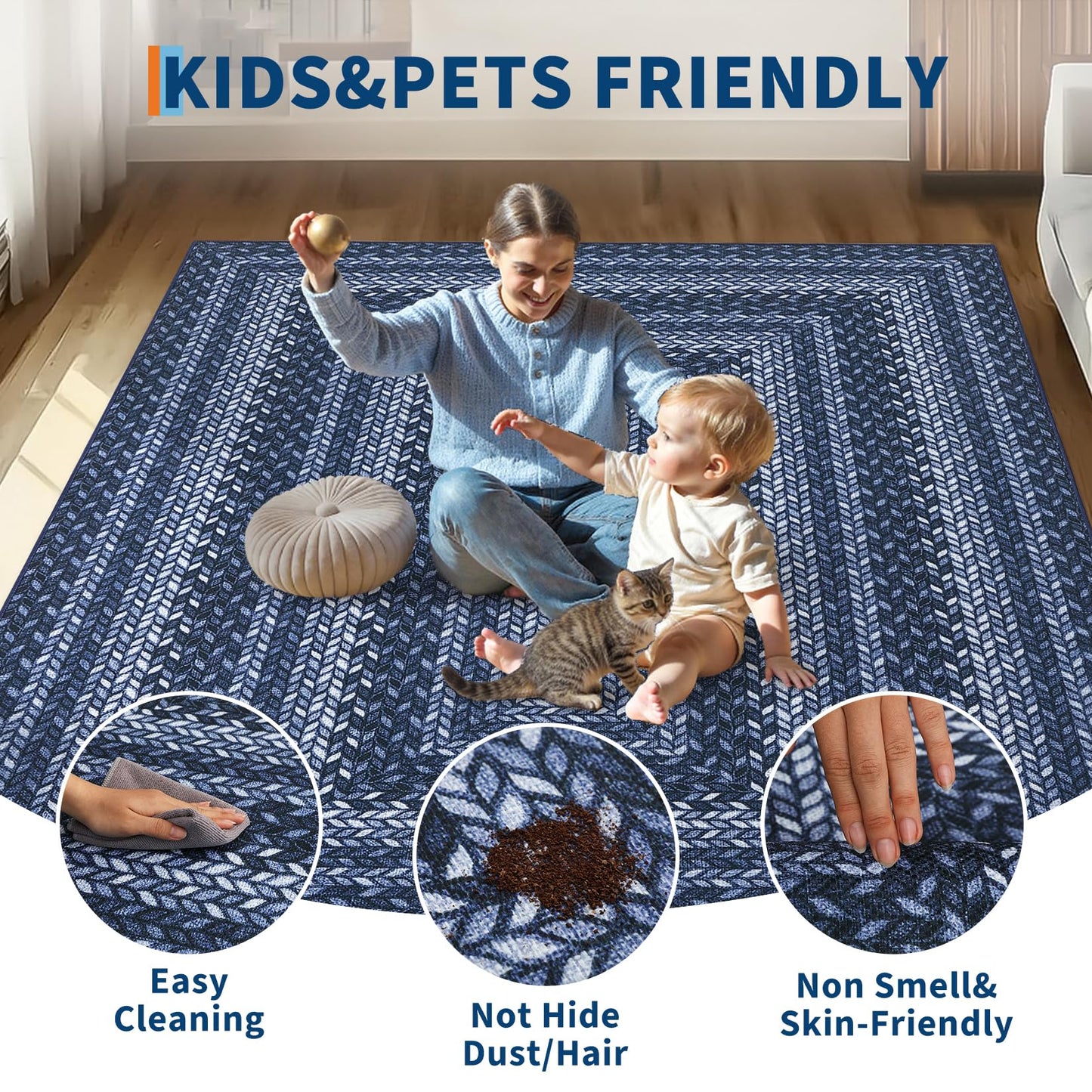 Washable Outdoor Patio 4x6 Area Rug Modern Easy Jute Indoor Outdoor Area Rugs Non Slip Stain Resistant Braided Living Room Throw Carpet Low Pile Easy Jute Rugs for Bedroom Kitchen, Slate/Blue