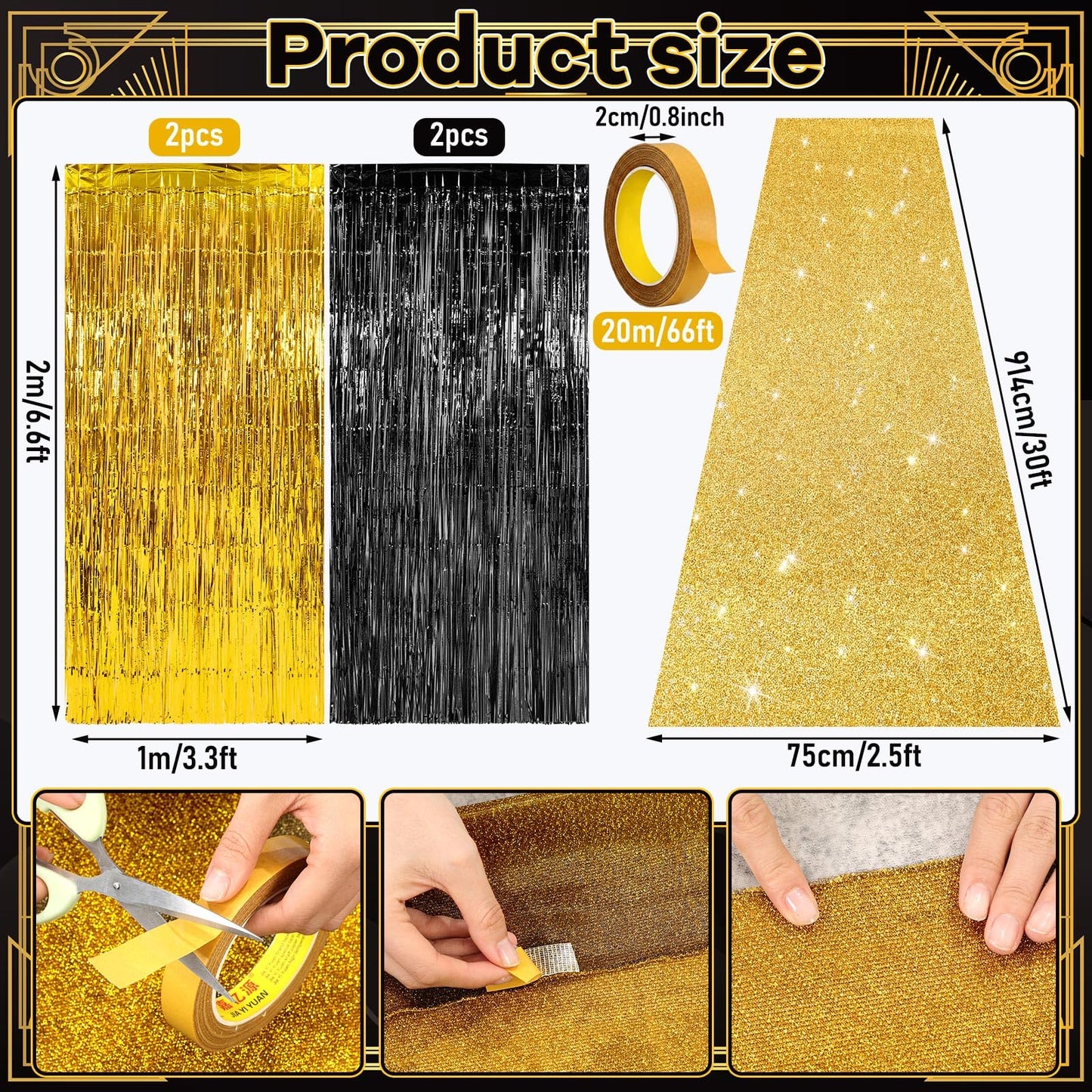 Moukeren 2026 Graduation Prom Decoration 2.5 x 30 ft Gold Carpet Runner with 4 Metal Tinsel Tassel Curtains for College Graduation Ceremony Birthday Wedding Party Decor