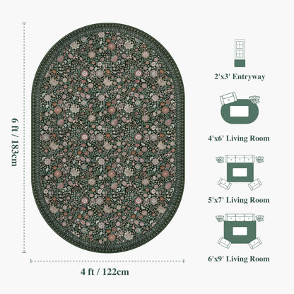 Clemile Floral Oval Rug 4x6 - Washable Ultra-Thin Living Room Rug Non-Slip Carpets - Soft & Stain Resistant Rug for Kitchen Bedroom Dining Room Indoor Nursery Dark Green