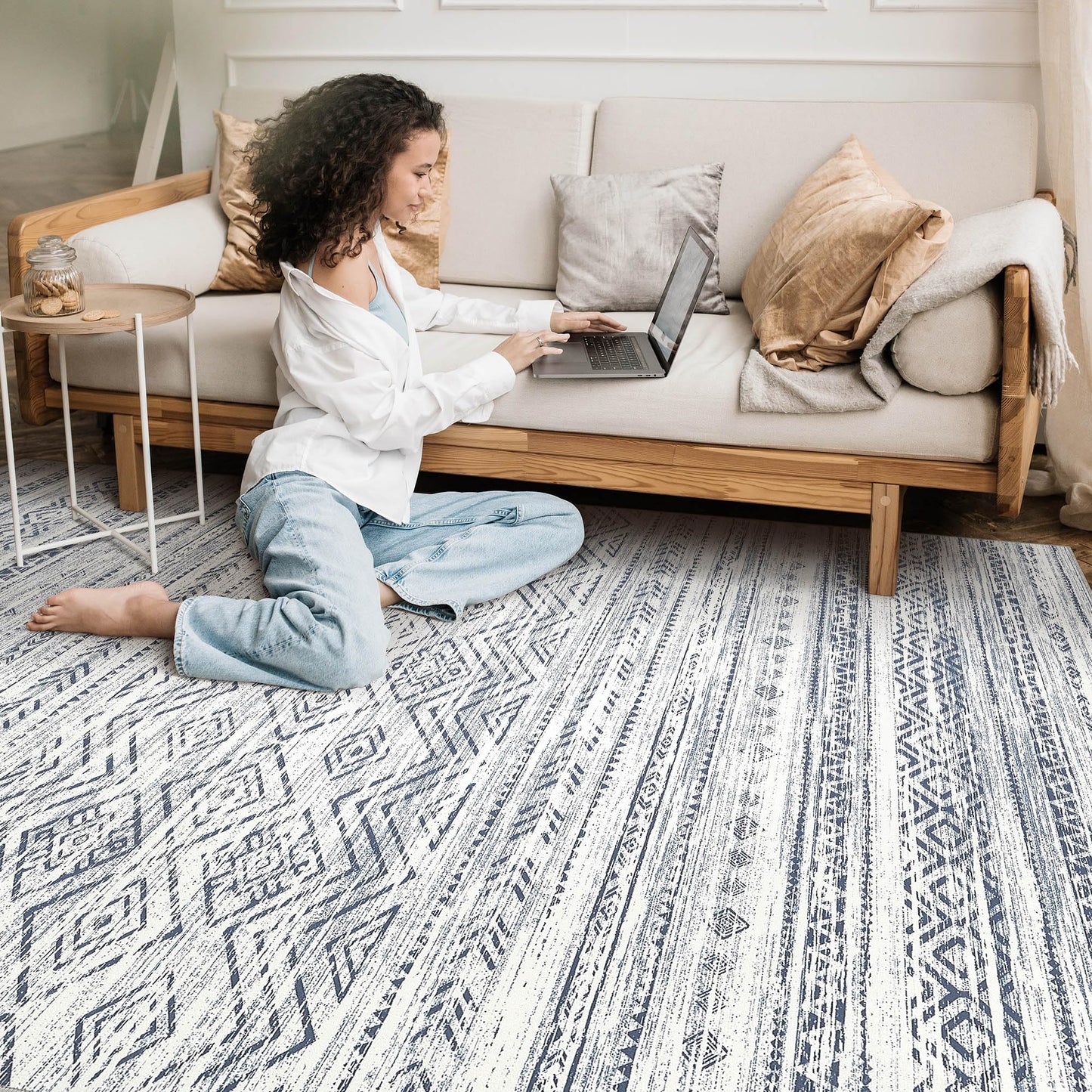 Tortania Area Rug Living Room Rugs- 10x14 Washable Large Soft Neutral Boho Moroccan Bohemian Farmhouse Rug Indoor Floor Carpet for Bedroom Under Dining Table Home Office Decor - Dark Blue