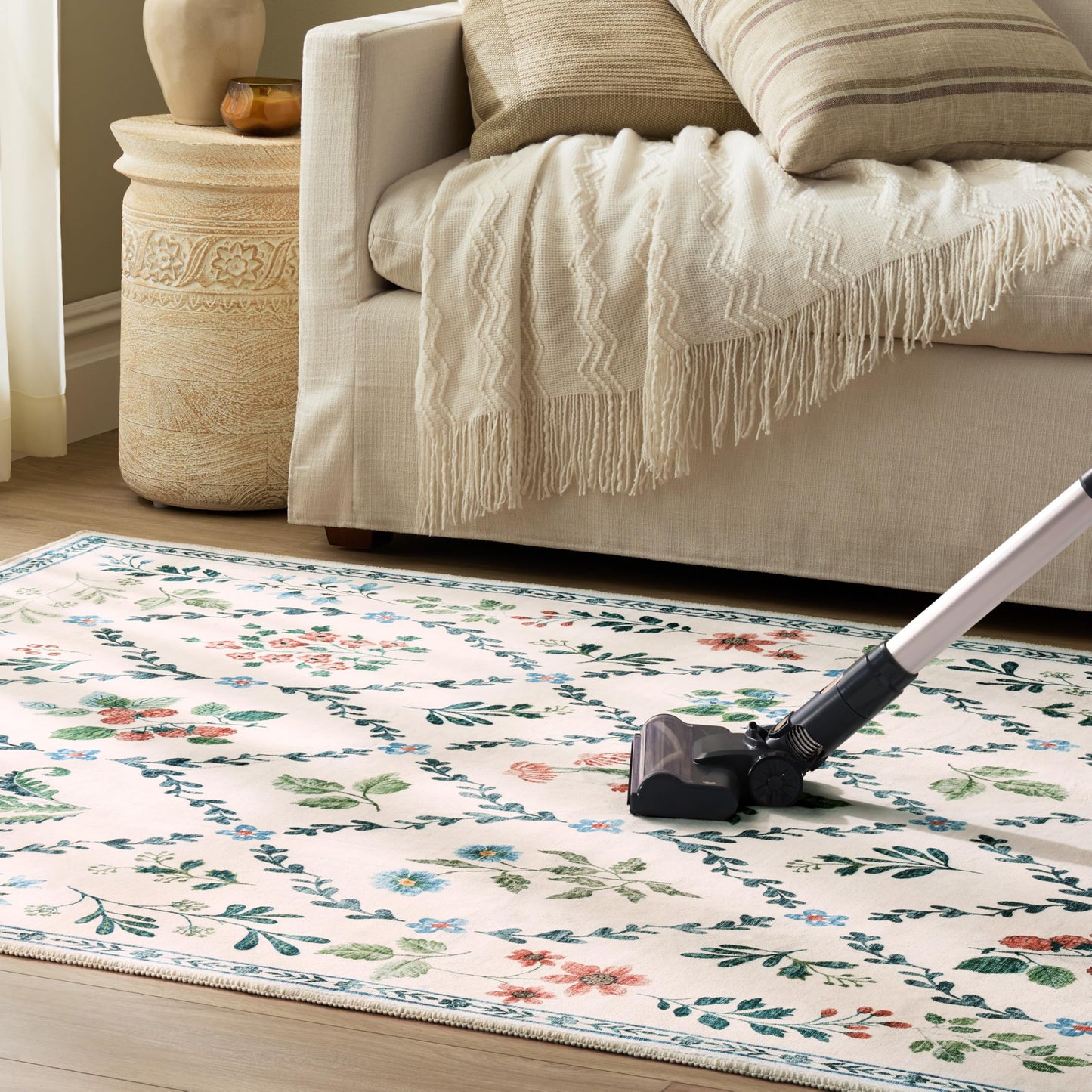 EVERWASH Haven Floral Trellis Machine Washable Area Rug with Airflo Technology for Easy Clean, Ultra-Soft Non-Slip Rug with Built-in Pad, Pet, Family & Allergy Friendly, Blue, 2'6"x7'