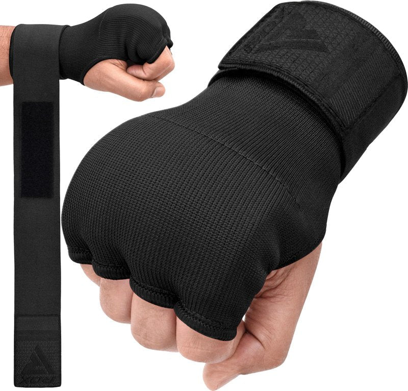 RDX Gel Boxing Hand Wraps Inner Gloves Men Women, Quick 100cm Long Wrist Straps, Elasticated Padded Fist Under Mitts Protection, Muay Thai MMA Kickboxing Martial Arts (Full Black, XL)