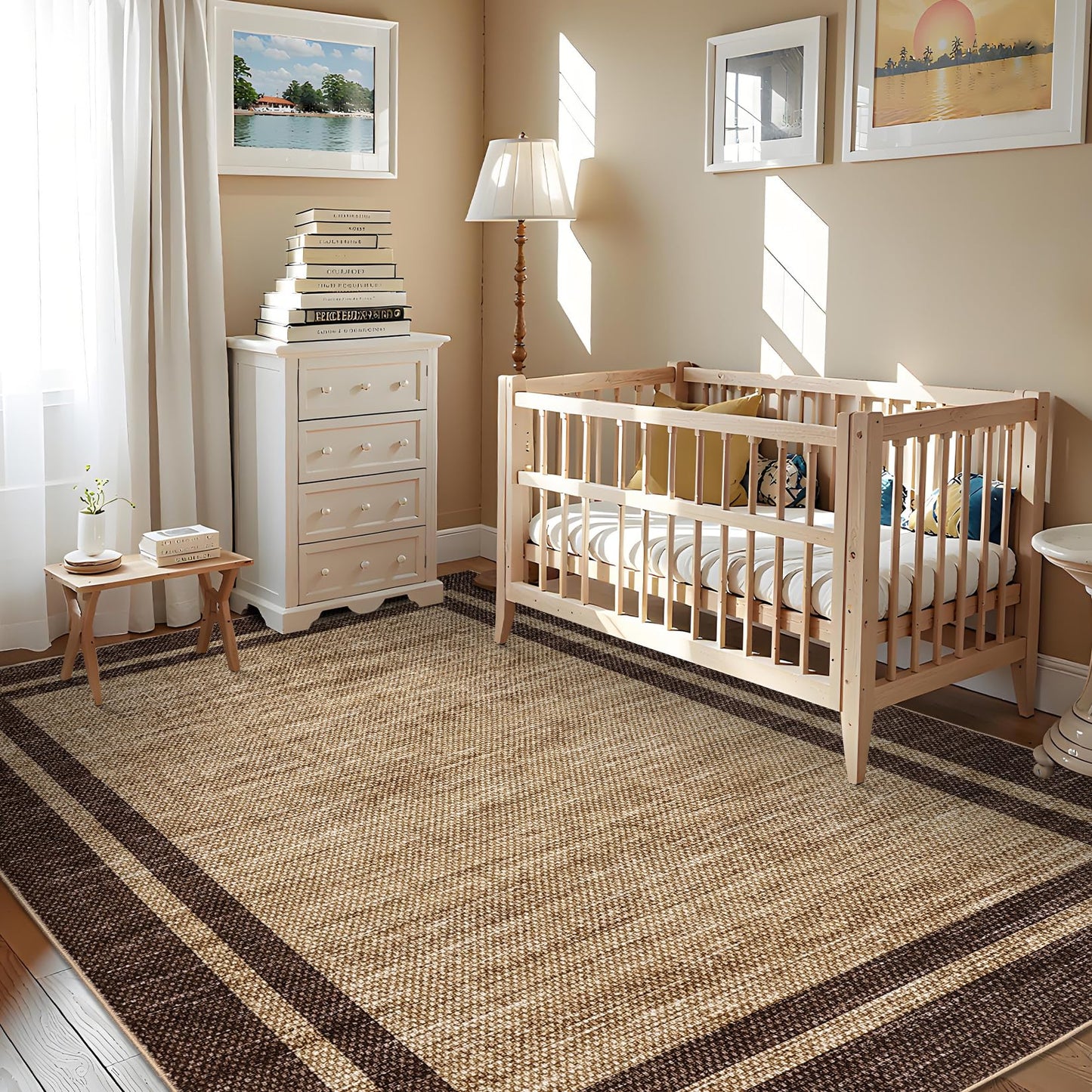 Garvee 8x10 Area Rug Neutral Border Rugs for Living Room Brown Rug Washable Rugs for Bedroom Non Slip Non Shedding Floor Cover Stain Resistant Low Pile Throw Carpet for Dining Room Nursery，Brown