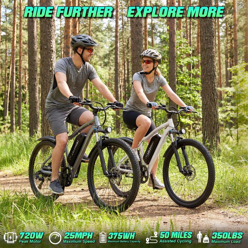 Electric Bike for Adults, 26" Commuter Ebikes with 7-Speed Gears, 25MPH Lightweight E Bike, 720W Peak Motor, 375Wh Removable Battery, 50 Miles Range, Electric Mountain Bicycle for All Terrain (Gray)