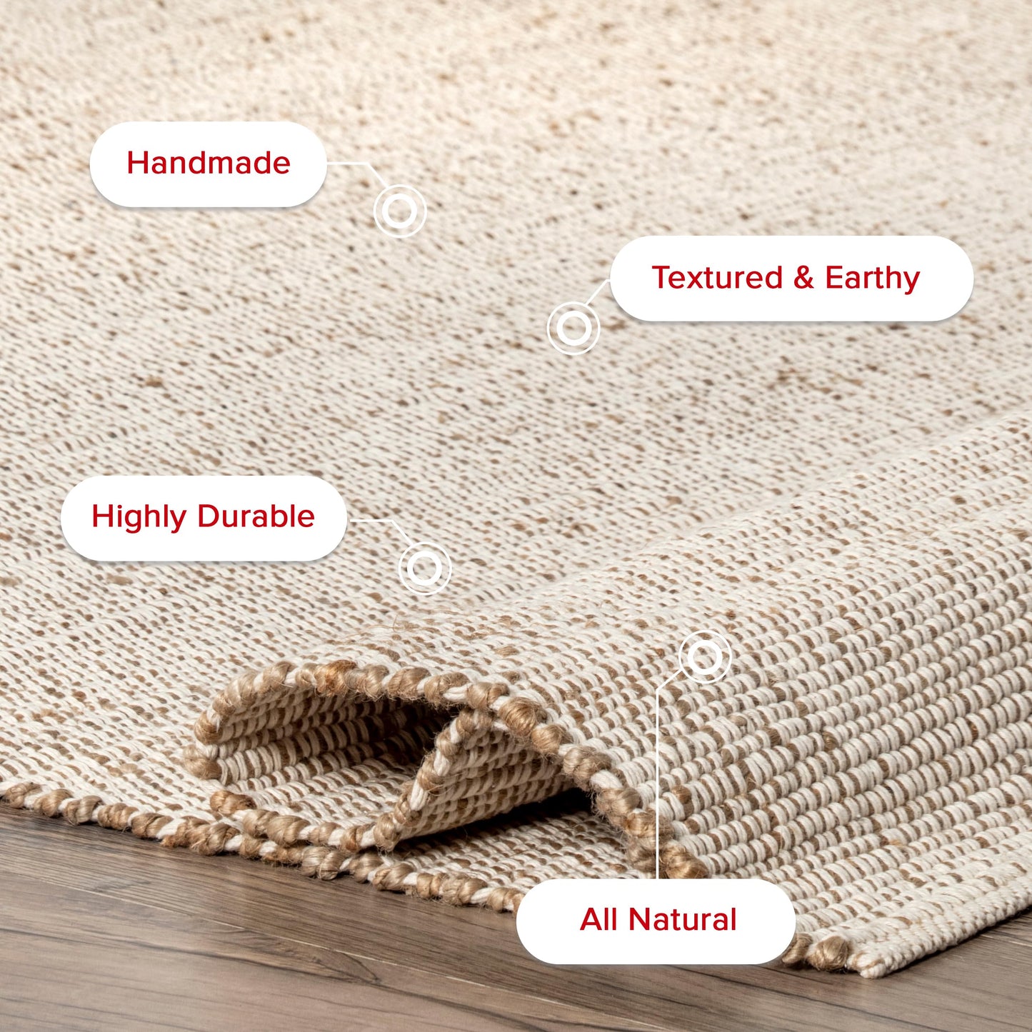 nuLOOM 2'6" x 4' Elfriede Jute & Cotton Hand Woven Area Rug, Natural, Solid Rustic Farmhouse Style, Weaved Design, Natural Fiber, For Bedroom, Living Room, Dining Room, Hallway, Office, Entryway