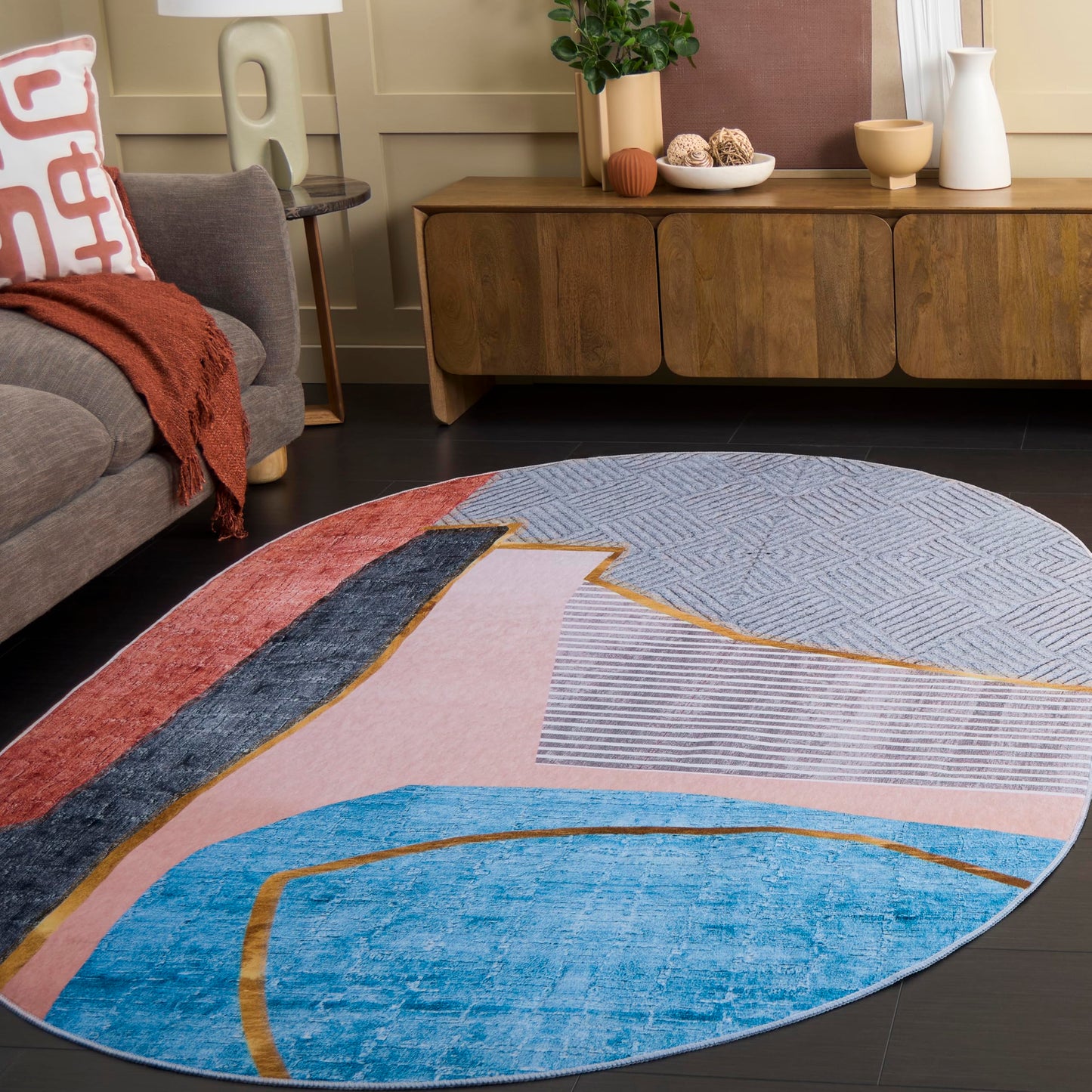 SAFAVIEH Washable Rug Tacoma Collection - 5' x 8' Oval, Beige & Blue, Slip Resistant & Easy to Clean, Ideal for Living Room, Bedroom, Foyer, Dining Space (TAC834B)