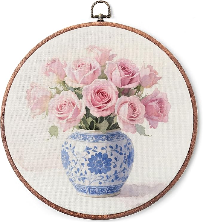 Threegoat Chinoiserie Spring Floral Framed Round Wall Art,Blue and White Hydrangea Flowers Wall Art Decor for Bedroom,Vintage Wall Hanging Decor for Grand Millenial Grandmillennial Home - A03