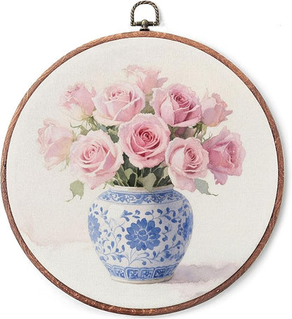 Threegoat Chinoiserie Spring Floral Framed Round Wall Art,Blue and White Hydrangea Flowers Wall Art Decor for Bedroom,Vintage Wall Hanging Decor for Grand Millenial Grandmillennial Home - A03