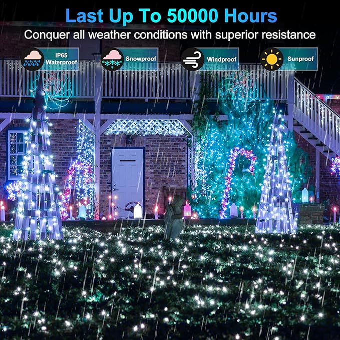 750 LED Christmas Lights - Outdoor Use, 246ft with 8 Modes, IP44 Waterproof for Xmas Patio, Yard, Fence, Deck, Balcony, Garden Decor - Cool White