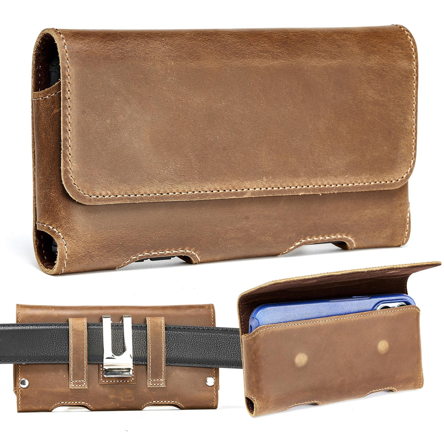 Gcepls Cowhide Leather Phone Holster with Belt Clip for Samsung Galaxy S25,S24,S23,S22,S21 Ultra,Universal X-Large Cell Phone Belt Holder for Man, Brown-XL