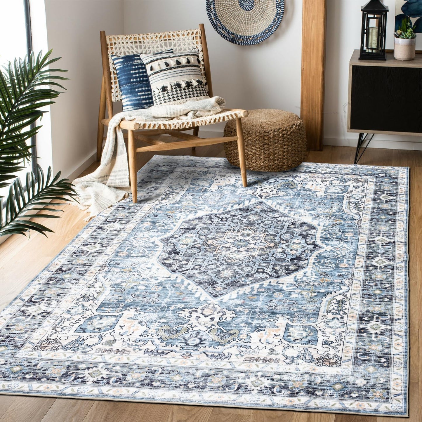 Domitapis Area Rug 9×12, Large Vintage Boho Rug,Ultra-Soft Low Pile, Washable, Non Slip,Stain Resistant, Printed Carpet for Living Room Bedrooms Playroom Office Kitchen, Light Blue