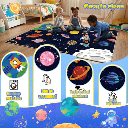 VNUVCOE Space Kids Car Rug Playmat Carpet, 31''x47'' Playroom Planet Rug for Playing Cars Toys, Educational Area Rugs for Bedroom Classroom Toddlers.