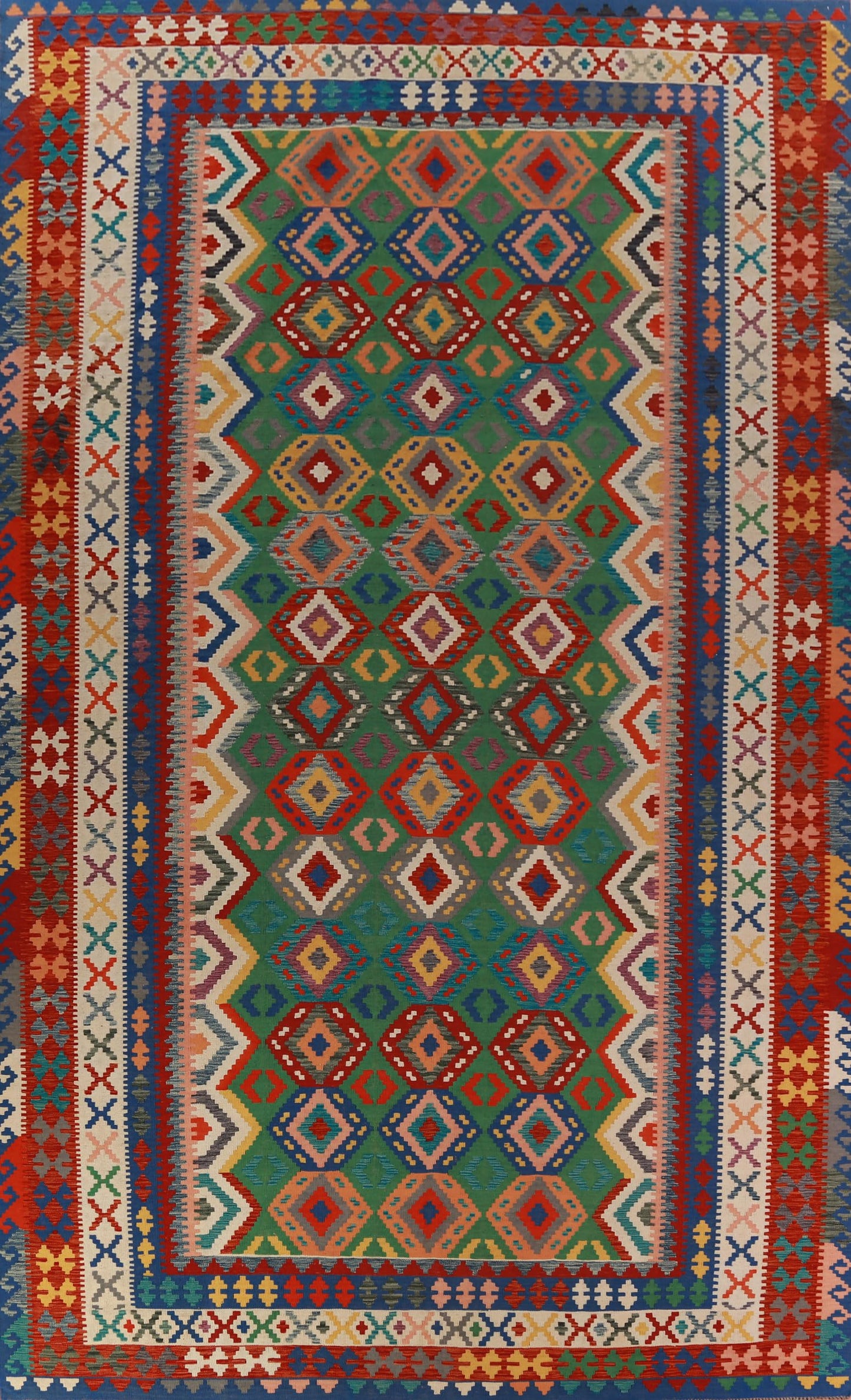 Rug Source Southwestern Style Collection Large Rugs (Palace Sized) Kilim Rectangle Rug, Hand Woven Green All-Over Rug, Oriental 100% Wool Carpet for Bedroom, Living Room, Dining Room