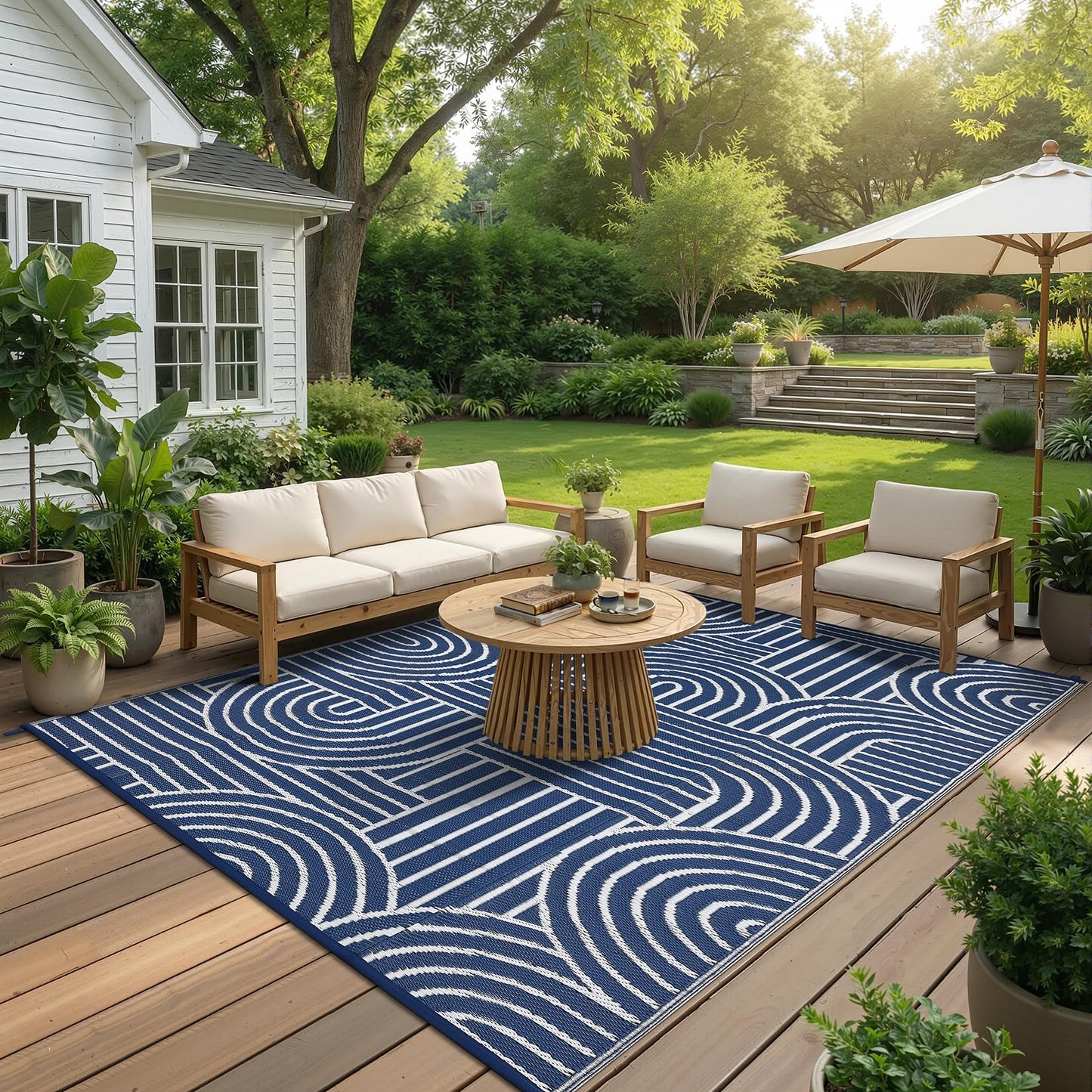 Garvee Reversible Rainbow Outdoor Rug 6x9, Waterproof Outdoor Plastic Straw Rug, RV Mat for Picnics, Patio, Camping, Balcony, Deck, Backyard, Porch, Blue