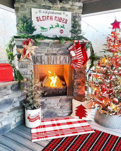 Christmas Rugs Red and Black Plaid, 8'x10' Area Rug Outdoor Indoor Front Porch Doormat Cotton Hand-Woven Layered Door Mats for Entryway Patio Entryway Laundry Bedroom Living Room
