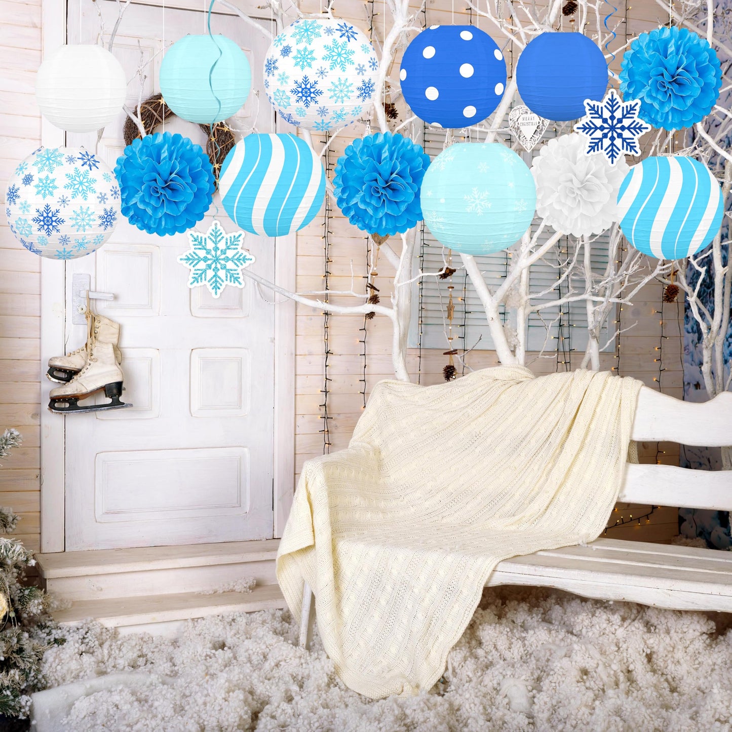 Renbuzhu 15PCS Winter Wonderland Decorations Paper Lanterns Pom Poms Hanging Swirls Christmas Holiday Hanging Decor for Home Birthday Outdoor Indoor