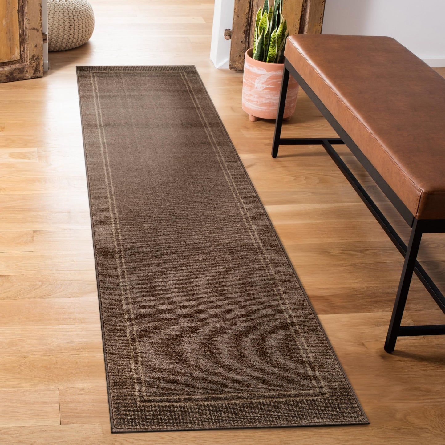 Rugshop Modern Distressed Bordered Indoor Runner Rug for Hallway,Entryway,Kitchen Rug Low Pile Rug with Jute Backing 2' 3" x 8' Brown
