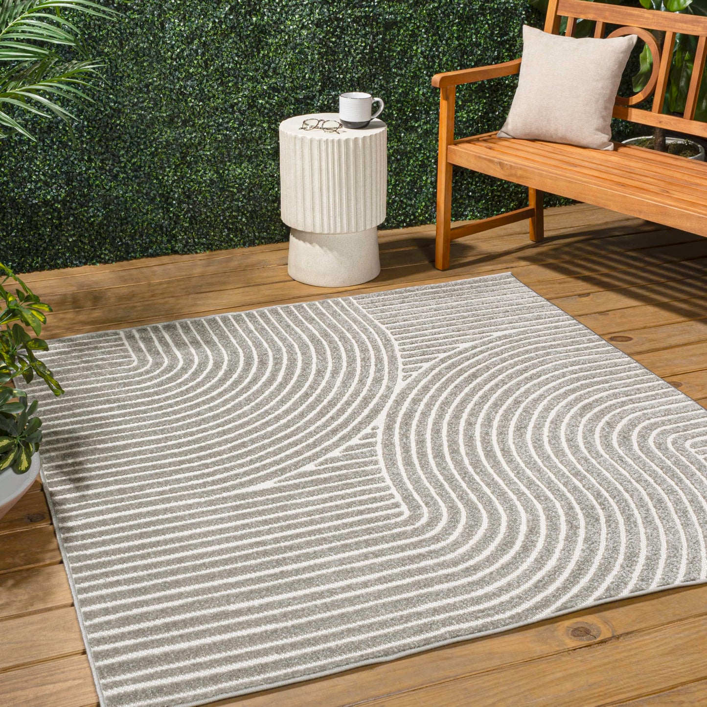 JONATHAN Y Hallie High-Low Curve Gray/Ivory 6x6 Square Indoor/Outdoor Area Rug, Minimalist, Pet Friendly, Non-Shedding, Stain Resistant, Hose-Washable for Backyard, Patio, Porch (SCN100A-6SQ)