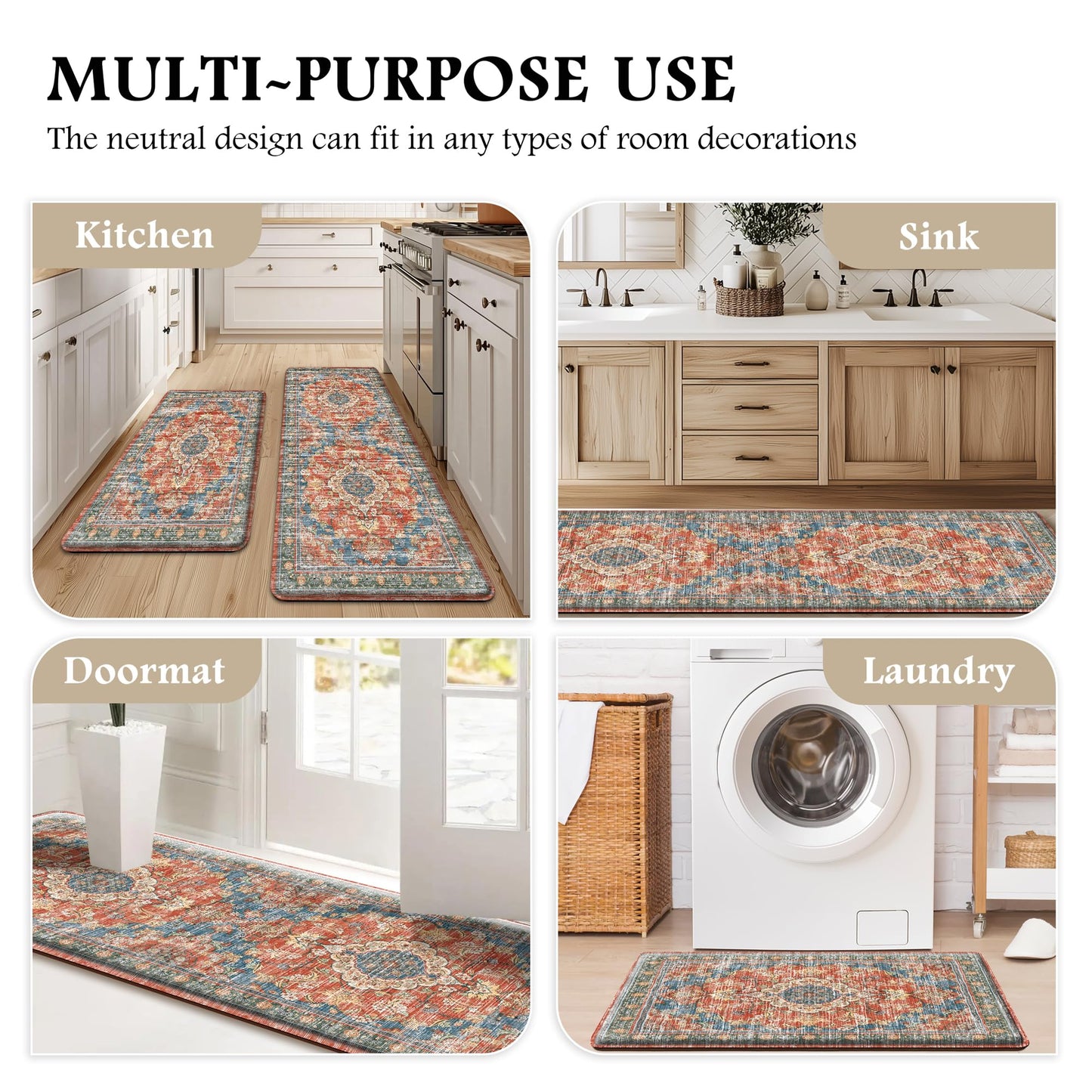 Boho Kitchen Mats for Floor 2 Piece Set Anti Fatigue Cushioned PVC Kitchen Rugs Non Slip Waterproof Farmhouse Mats 2/5 Inch Comfort Standing Mat for Sink, Laundry, 17.3"x47"+17.3"x28", Retro Red